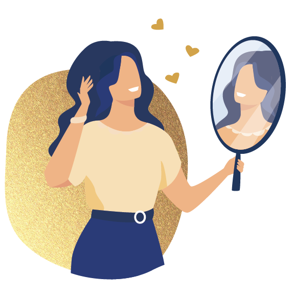 Die Illustration aus Blautönen und im Hintergrund der goldene Fleck zeigt eine Frau, die sich selbst im Spiegel betrachtet. Kleine Herzen verweisen auf die Selbstliebe, die sie sich schenkt.
