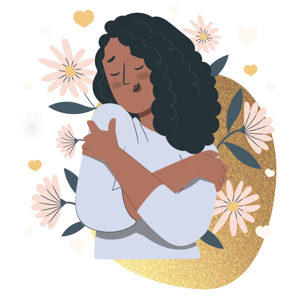 Die Illustration aus Blautönen und im Hintergrund der goldene Fleck zeigt eine Frau mit geschlossenen Augen, die sich selbst umarmt. Rundherum gibt es farbige Blumen und Herzen und stellt die Selbstliebe heraus.