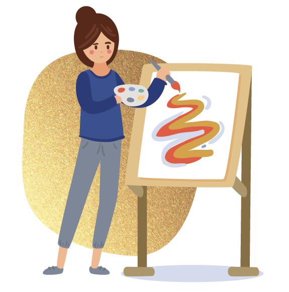 Die Illustration aus Blautönen und im Hintergrund der goldene Fleck zeigt eine Frau, die bei einer Leinwand steht und ein Gemälde malt.