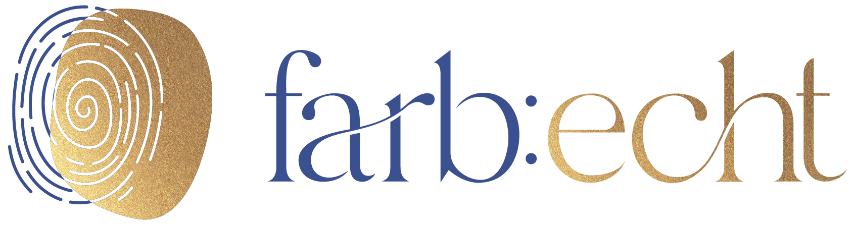 Logo von farb.echt - Susanne Bräuer: Logosignet von farbecht - Susanne Bräuer zeigt einen goldenen Fleck und ein Icons eines Fingerabdrucks, der mit einer Spirale im Innen beginnt. Der Fingerabdruck links ist in dunklem Blau, während er im goldenen Fleck übergeht in ein Weiss und die Logoschrift ist zum Teil in dunklem Blau und zum Teil in Gold. Damit soll die Einzigartigkeit des Menschen und das Echtsein ausgedrückt werden.