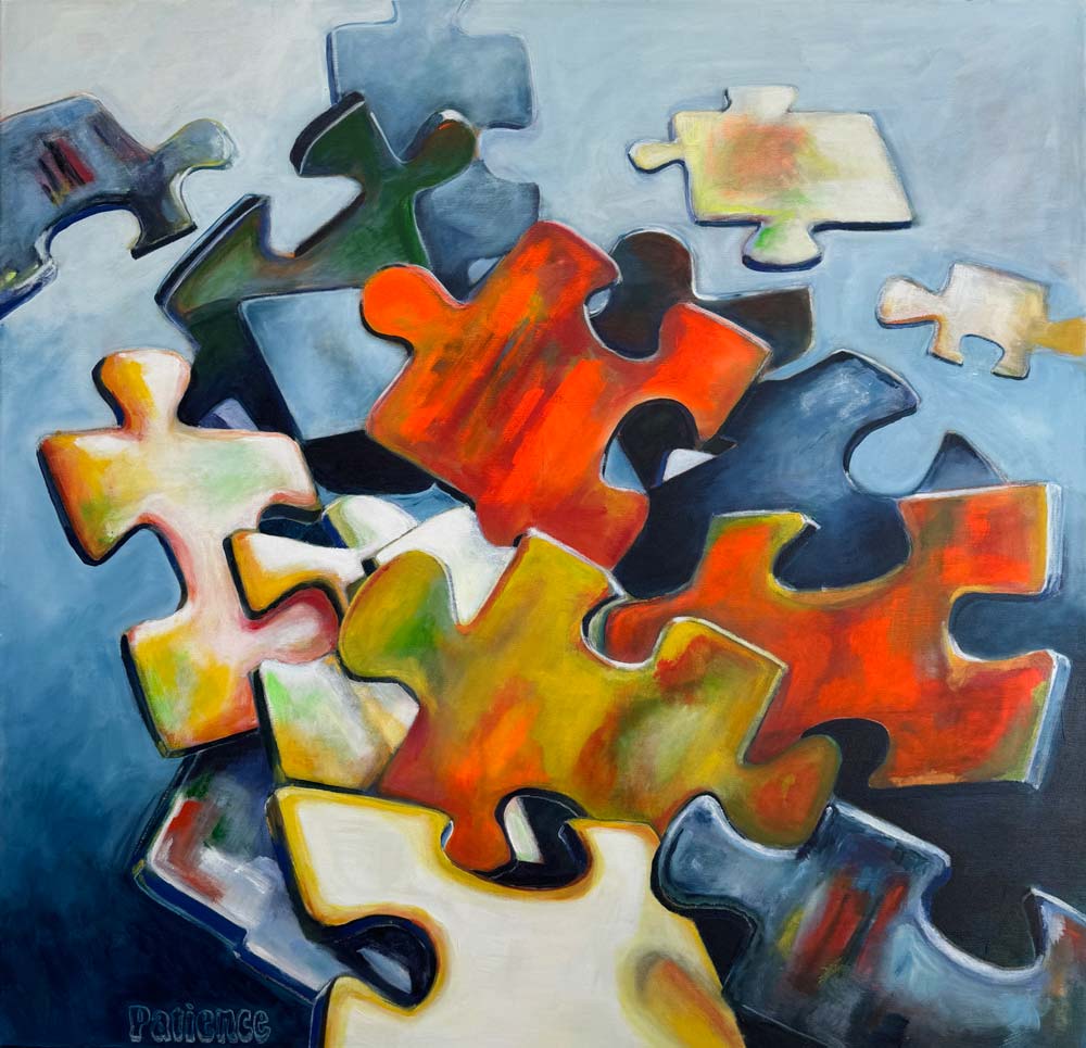 Abstrakte Darstellung von bunten, schwebenden Puzzleteilen in verschiedenen Farbtönen, darunter Orange, Blau und Grün.