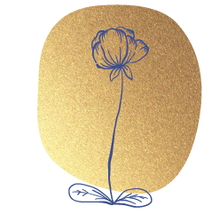 Illustrierte blaue Blume auf einem goldenen Fleck - bildliche Darstellung als Aufzählungszeichen