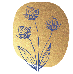 Illustrierte blaue Blume auf einem goldenen Fleck - bildliche Darstellung als Aufzählungszeichen