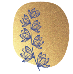 Illustrierte blaue Blume auf einem goldenen Fleck - bildliche Darstellung als Aufzählungszeichen