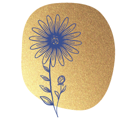 Illustrierte blaue Blume auf einem goldenen Fleck - bildliche Darstellung als Aufzählungszeichen