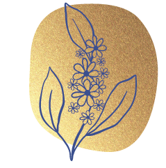 Illustrierte blaue Blume auf einem goldenen Fleck - bildliche Darstellung als Aufzählungszeichen