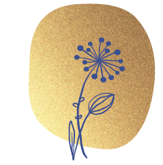 Illustrierte blaue Blume auf einem goldenen Fleck - bildliche Darstellung als Aufzählungszeichen