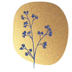 Illustrierte blaue Blume auf einem goldenen Fleck - bildliche Darstellung als Aufzählungszeichen